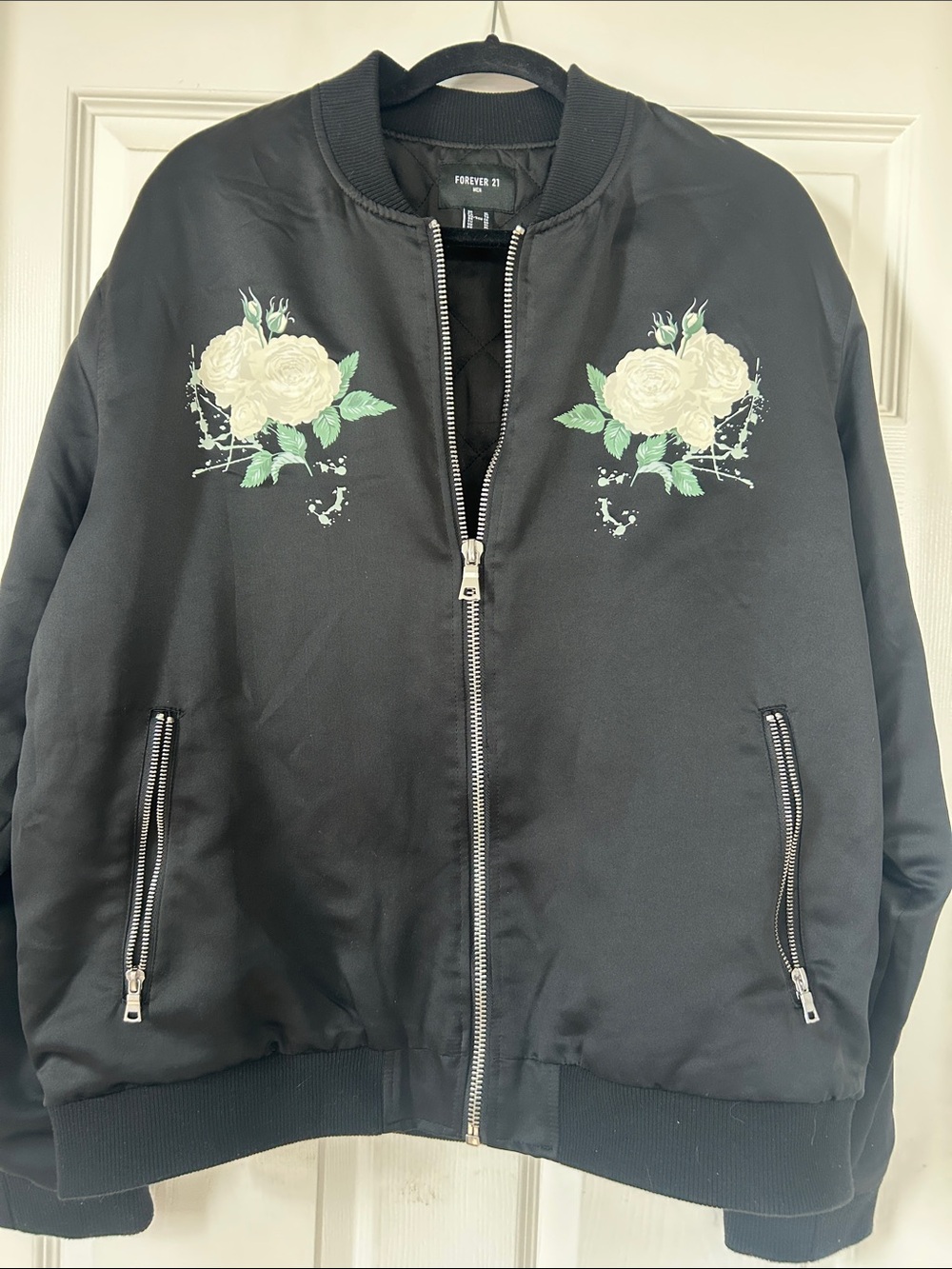 Forever 21 Black Bomber Jacket with Cream Floral Embroidery